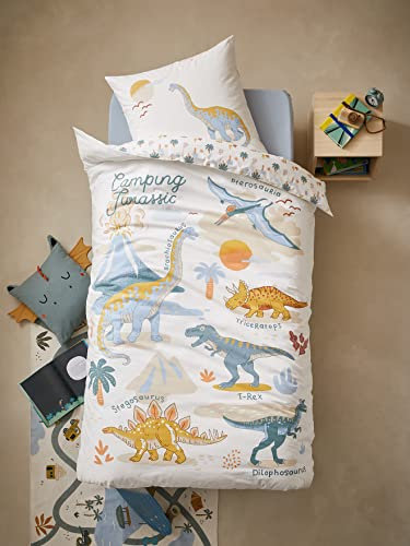 VERTBAUDET Kinderbettwäsche Jurassic Camp, weiß, bedruckt, 140 x 150 cm, 63 x 63 cm