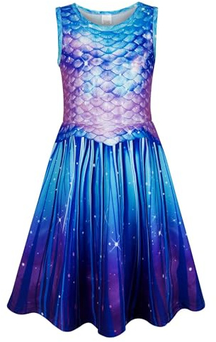 AIDEAONE Mädchenkleid Mädchen Sommer Kleid Blaue Lila Meerjungfrau Kleid 6-7 Jahre, M
