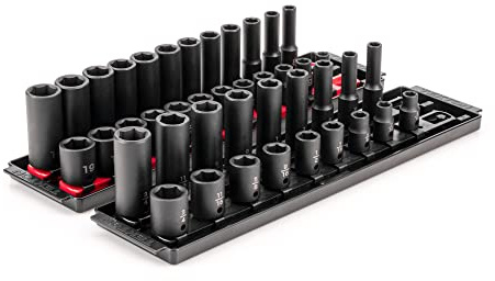 TEKTON 3/8 Inch Drive 6-Point Impact Socket Set with Rails and Trays, 42-Piece (5/16-3/4 in., 8-19 mm) | SID91216 | (5/16 - 3/4 in., 8 - 19 mm), Shallow and Deep, 6-Point, Socket Rail