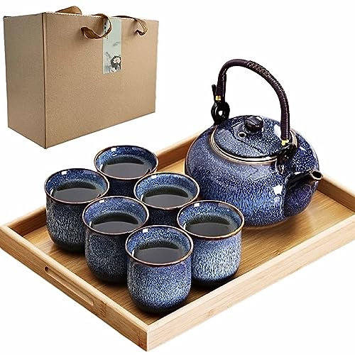 Lot de 6 théières japonaises en porcelaine de 1 180 ml avec infuseur et 6 tasses, bordure dorée et théière en céramique de style traditionnel bleu avec plateau en bambou, cadeau pour femme, maman