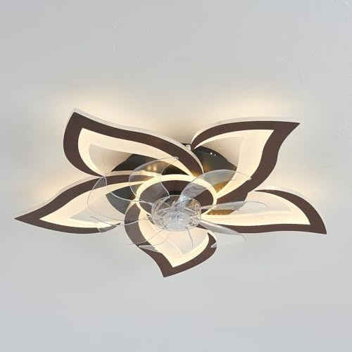 Forma Di Fiore Ventilatore Da Soffitto Con Luce E Telecomando Dimmerabile Con Timer DC Motore Silenzioso Reversibile Lampadari Con Ventilatore Design Per Camera Da Letto Soggiorno-Brown wood grain