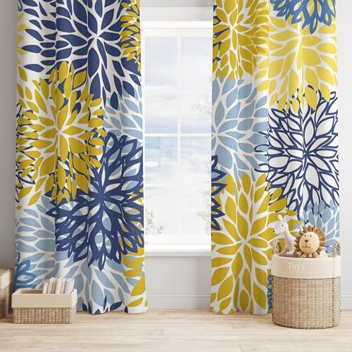 Blue Yellow Floral Curtains, Boho Dahlia Chrisanthemum Flowers Bright Window Treatments for Living Room Bedroom Kitchen, Floral Seamless Pattern Blackout Drapes 2 Panel Sets,52x84 Inch