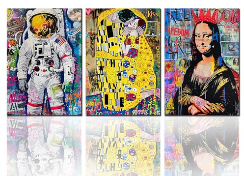 Tucocoo Familien-Wanddekoration, Banksy-Pop-Art-Bilder, Graffiti-Straße, bunte Gemälde, Leinwand, abstrakt, Mona Lisa, Astronaut, modernes Kunstwerk, Heimdekoration, Holzrahmen, fertig zum Aufhängen