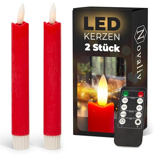 Novaliv Stabkerzen LED mit Timer ROT 2er indoor mit 6 Stunden Timer - ECHTWACHS 18cm Höhe für Kerzen 2,2cm Durchmesser 2 AAA Batterien notwendig LED Stabkerzen flackernde Flamme bewegliche Flamme