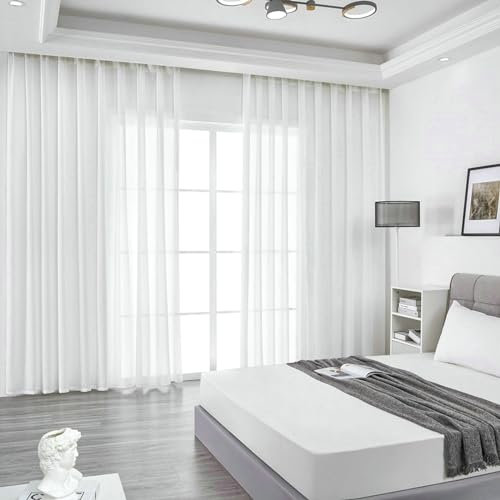 Daesar Vorhänge mit Ösen 2er Set 107x229CM, Gardinen Lichtdurchlässig Weiß Einfarbig Gestreift Vorhänge Halbtransparent Wohnzimmer Küche