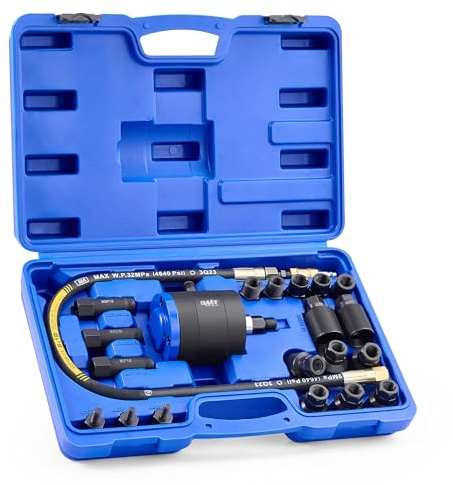 Orion Motor Tech Pneumatic Injector Puller Set for Diesel Engines, 23pc 5-8 Bar Air Vibration Injector Removal Tool Kit with Extractor Hammer, 19 Adapters, Extension Hose, and EU US Connectors