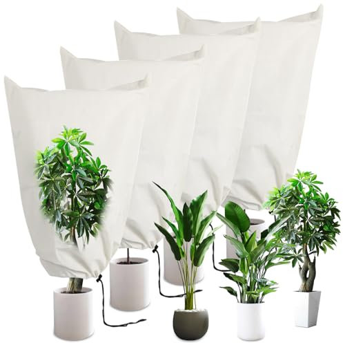 ZQEJEFD Winterschutz für Pflanzen,4 Stück 80 x 60 cm Pflanzenschutz Winter Kübelpflanzen mit Zugband, Atmungsaktiv Reißfest Wiederverwendbar für Garten Haube Kübelpflanzen Olivenbaum Palmen Baum Weiß