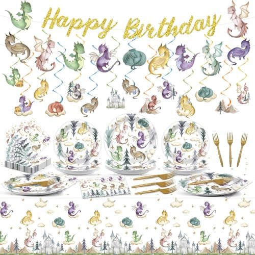 133pcs Watercolor Dragon Birthday Party Decoration Magic Dragon Tableware Hanging Swirls Banner Set Fantasy Dragon Plates Napkins Tablecloth Birthday Party Favor for Kids Girl Boy Baby Shower 24 Guest