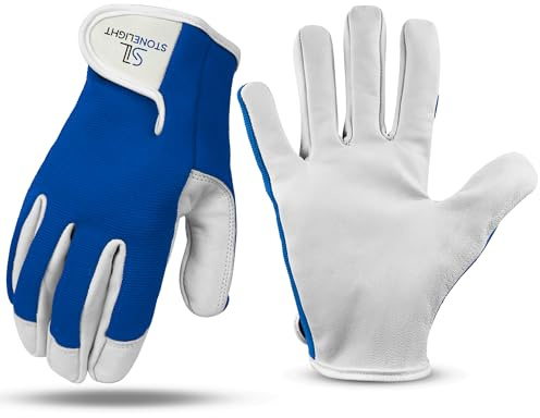 STONELIGHT Unisex Gardening Gloves Made with Leather & Spandex - Thorn Proof Rigger Safety Work Gloves with Reinforced Fingertips, Adjustable Wrist Closure, Waterproof & Breathable (Blue, M)