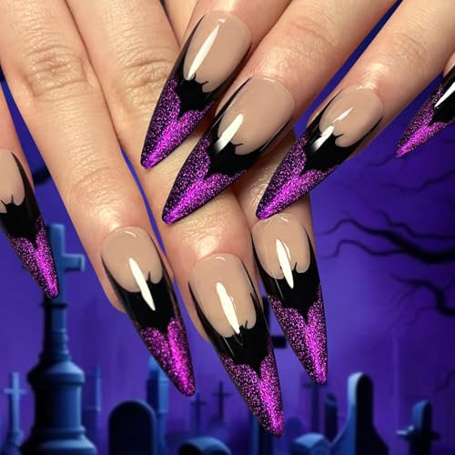 NATOSU Halloween French Tip Press on Nails Lange Stiletto Lila Kunstnägel mit Katzenaugen-Design Extra lange schwarze Fledermaus-Kunstnägel für Frauen Mädchen Cosplay