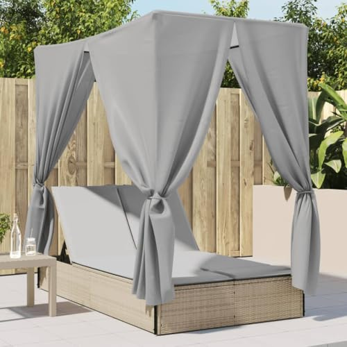 Homgoday Doppel-Sonnenliege mit Dach und Vorhängen Gartenliege Relaxliege Sonnenliegen für 2 Personen Balkonliege Doppelliege Verstellbare Rückenlehne Beige und Grau Poly Rattan