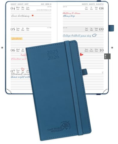 POPRUN Taschenkalender 2025 2026 Klein 16,5 x 9 cm (Aug.2025-Dez.2026) - Kalender 2025 2026 Klein mit PU-Leder - Terminplaner, Planer 1 Woche 2 Seite mit Stiftschlaufe - Marineblau
