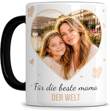 Personalisierte Tasse mit Foto und Text - Fototasse - Muttertagstasse - tasse für mama - foto geschenk oma - Keramik - 330ml - weiß glanz, Henkel und Innenleben schwarz.