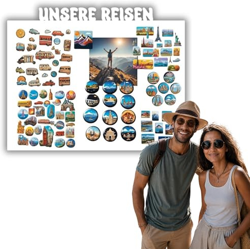 Anwicar Magnettafel Unsere Reisen Weiß 80x55 cm | Magnetisches Stahlboard für Magnete, Fotos und Notizen, Beschreibbar, Montageset inklusive