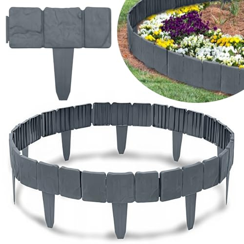 KRUMAD Rasenkante Kunststoff Steinoptik, 10 Stück Set 2,5 Meter, Höhe 23 cm, Beeteinfassung Stein, Beetumrandung Garten, Mähkante für Blumenbeet, Stecksystem, Wetterfest & UV-beständig, Anthrazit | 10 Stück, Set 2,5 Meter, Höhe 23 cm, Beeteinfassung Garten, Witterungsbeständig, UV- & Frostfest, Einfacher Aufbau, Anthrazit