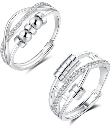 Deyanse 925 Sterling Silber Anxiety Ring, 2 Stück Silber Anti Stress Ringe mit Perlen, Offen Einstellbar Angst Ringe Set, Hypoallergen Spinner Fidget Ring, Zirkonia Unisex Stimmungsring gegen Stress