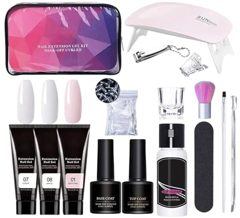 Kit de uñas de gel de extensión de poli, kit de gel de uñas poly,Gel de uñas poli de 3 colores con capa de capa base | Manicura establecida para el hogar y el salón, incluye archivo y clip