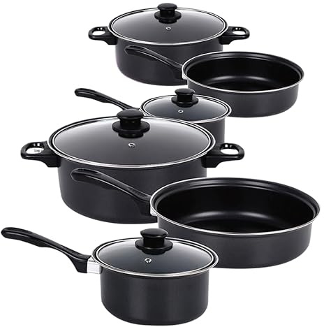 5 Piece Carbon Steel Cookware Set with Lids & Bakelite Handle - Non Stick Cooking Saucepans Pot & Frying Pans | Suitable for Gas, Electric, Halogen & Solid Hotplates - Tempered Glass Lid, Black