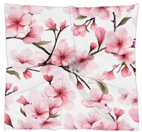 Mexpekil Foulard carré pour femme - Rose - Fleurs de cerisier japonaises - Châle en soie - Bandanas légers - Cadeaux pour femme - Pour mariage, été, plage