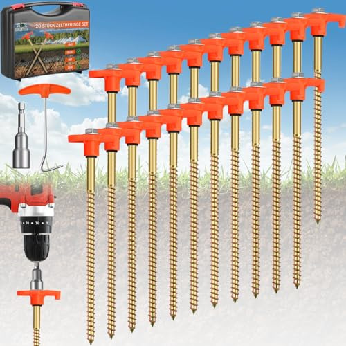 RIZENCE 20 Stück Zeltheringe Schraubheringe Mit Tragetasche - 20cm Zeltheringe zum Schrauben - Tellerkopfschrauben Camping mit Bohrer Adapter - Heringe Schrauben für Harte Böden, Wald, Wiesen