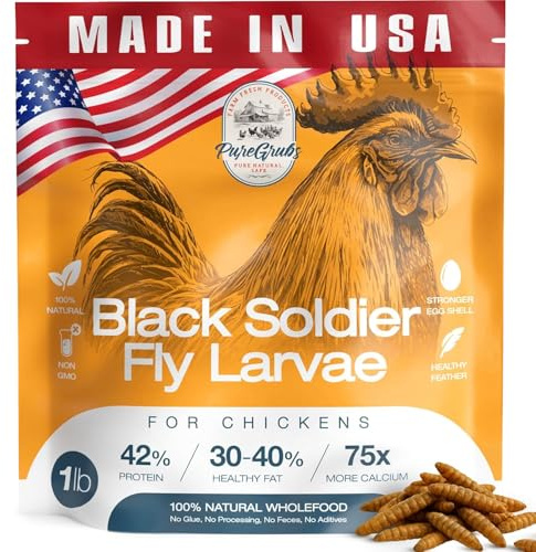 USA Grown Black Soldier Fly Larvae for Chickens - 100% Natural Dried Mealworms for Chickens - Grubs with 85X More Protein Chicken Treats for Laying Hens - Birds Feed Supplement for Ducks & Reptiles