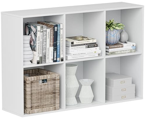 VDNEND Bücherregal Holz mit Geschlossener Rückwand, Würfelregal Weiß, Raumteiler Regal Wohnzimmer, Aufbewahrungsregal, Standregal, Büroregal, Aktenschrank, 6 Fächer, 91,4 x 24 x 61 cm