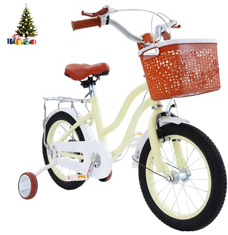 HUOMMGS Kinderfahrrad 14 Zoll Retro Stil Kinderfahrrad mit Stützrädern, Rücksitz, Korb Höhenverstellbar Kinder Fahrrad für ab 3-7 Jahre Jugend Fahrrad für Jungen & Mädchen (Beige)