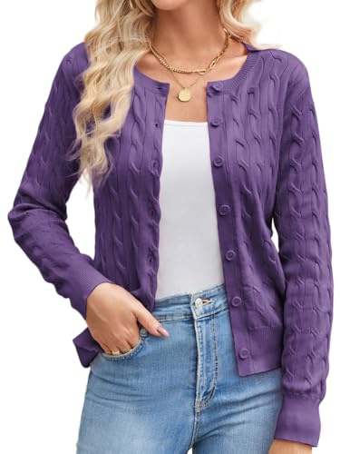 GRACE KARIN Kabelstickade koftor för kvinnor 2024 långärmad beskuren cardigan Button Down virkning lätta koftor sjalar, blått lila, L