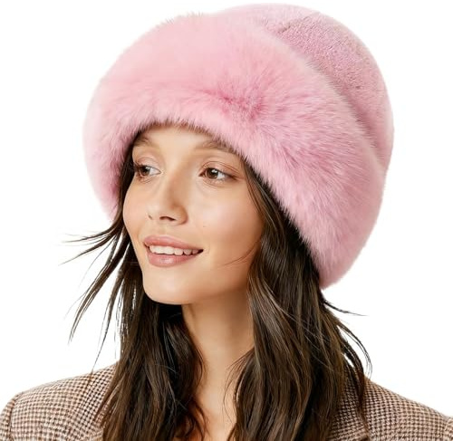 Mütze Damen Kunstfell, Kunstpelz Hut Winter, Kunstpelz Mütze Damen, Warme Hut Frauen, mit Plüsch, Erwachsene, Wärme Bekleidungszubehör, für Winterpartys, Dates, Skifahren (Rosa)