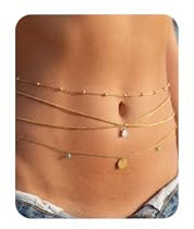 Gold Waist Chain for Women: Body Chain Jewelry Beaded Belly Waterproof for Stomach Belt Hip Beach Summer Jewelry Plus Size Hypoallergenic Surgical Stainless Steel 5A Cubic Zirconia 18K Gold