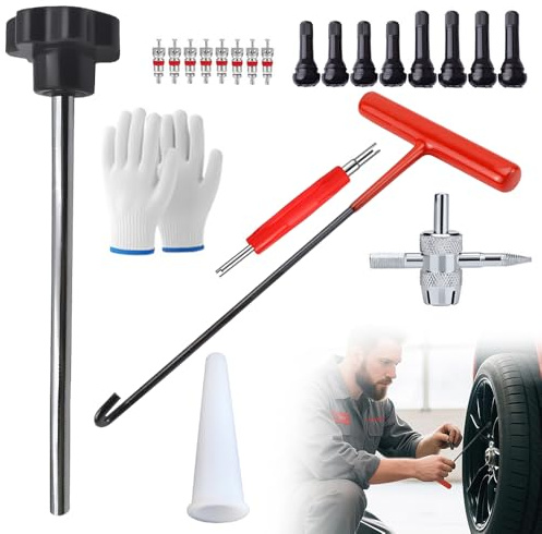 Hojalis 23Pezzi Set di Attrezzi per Valvole Pneumatic, Attrezzo Smonta Valvole, tra Cui Estrattore di Valvole, Utensile a Gancio, Utensile Ausiliario e Guanti per Auto, Camion e Moto