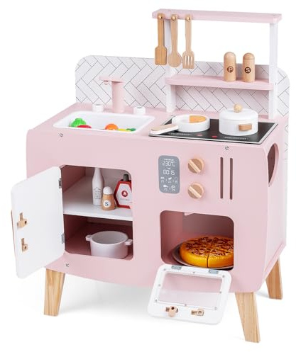 GOPLUS Cuisine Enfant, Cuisine en Bois Enfant avec Four, Cuisinière, Évier, Robinet et Ustensiles de Jeu, Jouet Montessori avec Armoire & Étagère, pour Garçons Filles 3+ Ans