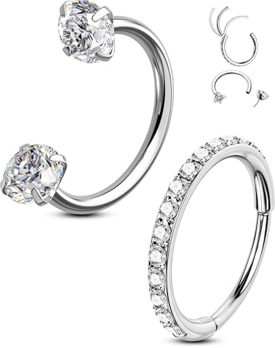 OUFER 2PCS Nose Rings Hoops, 20g Double Gem Horseshoe Threadless Nose Rings for Women, Septum Clicker Daith Tragus Helix Rook Eyebrow Lip Piercing Jewelry-6mm