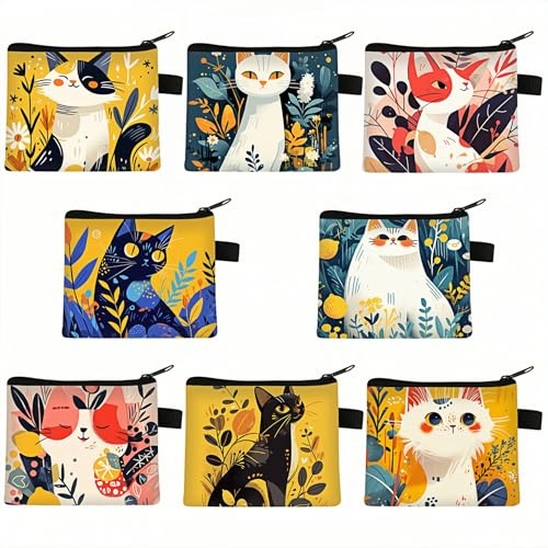 Fubuuf 8 Pièces Petit Porte Monnaie Chat Mignon pour Femmes Filles Mini Pochette Portefeuille en Polyester avec Fermeture Éclair pour Pièces, Rouge à Lèvres, Cartes, Clés, Écouteurs (13.5x11 cm)
