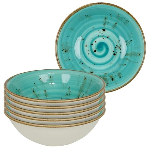 Bonsoo Müslischalen Set 6 Stück Porzellan Schalen 14 cm – 400 ml Dessertschalen für Müsli, Joghurt, Obst, Snacks – spülmaschinenfest - Türkis schwarz gesprenkelt