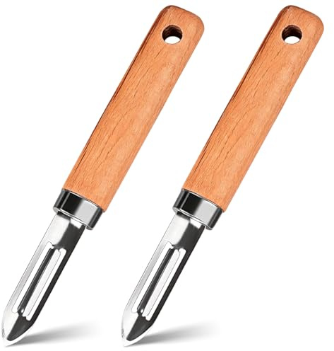 FIGCY Pelador de Verduras con Mango de Madera, Pack de 2 Cortador de Frutas de Pino Natural con Hoja de Acero Inoxidable y Agujero para Colgar para Cocina, Patatas, Manzanas