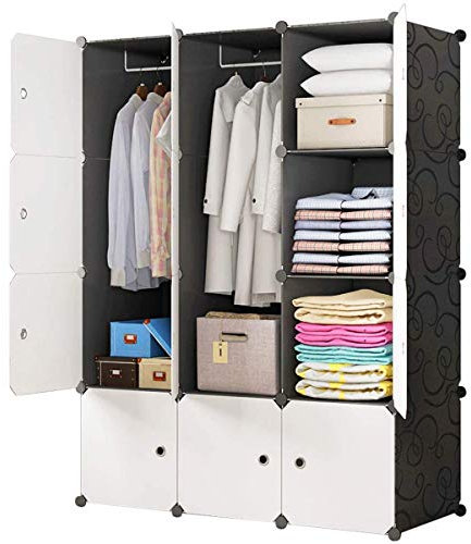 BRIAN & DANY Kleiderschrank aus 12 Würfeln, modularer Speicher-Organisator Kunststoffschrank mit Türen & 2 Aufhängern, tiefere Fächer als normal (45 cm vs. 35 cm) für mehr Platz