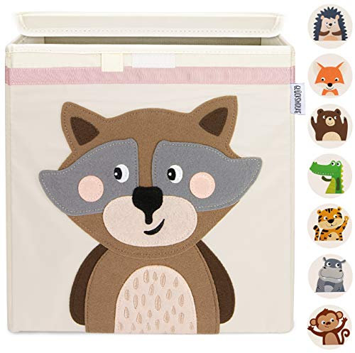 GLÜCKSWOLKE Cesta Portagiochi Bambini - 15 Motivi I Contenitore per Giocattoli con Coperchio I Scatola Portaoggetti (33x33x33) compatibile con Scaffale Kallax I Cesto porta Giochi Cameretta - Procione
