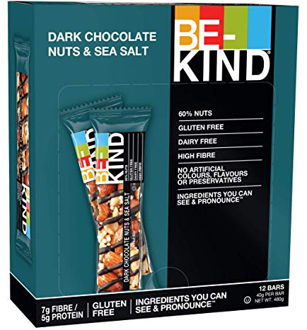 BE-KIND - Barres de Céréales - Chocolat Noir, Amandes & Sel Marin - Sans Gluten - Riches en Fibres - Grand Format - 12 x 40g