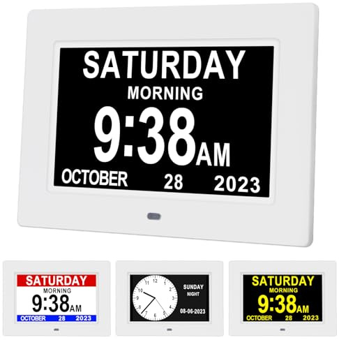 Aowasi Digital Calendar Clock, 12 Custom Alarm Options, Calendar Clock with Day and Date Display 7-Inch Large Display, Digital Clock for Seniors Dementia Alzheimer Memory Loss Vision Impaired Elderly