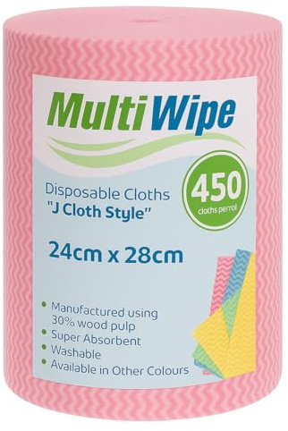 MultiWipe 1 x 450 Pink J Cloth Style Cleaning Cloths On A Roll | Made With 30% Wood Pulp | 24cm x 28cm Perforated Cloths | £0.059p per cloth