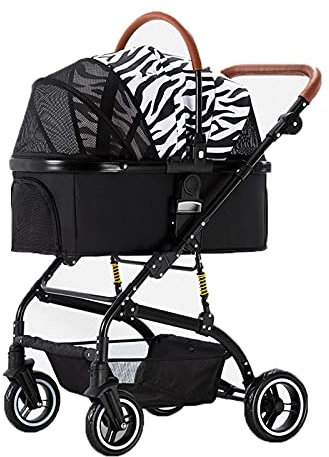 LJFLI Hundebuggy Hundewagen Kleine Hunde Klappbar bis 40 kg GeträNkehalter Zur Aufbewahrung Verstellbarer Schiebegriff Separater Warenkorb Reisebedarf FüR Haustiere,Zebra