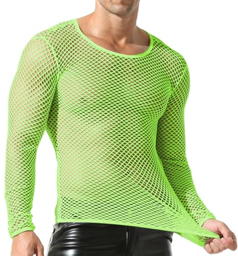 QiaTi Nätfisknät för män, transparent, långärmad t-shirt, muskel, transparenta skjortor, långärmad, mesh, undertröja, A#grön, M