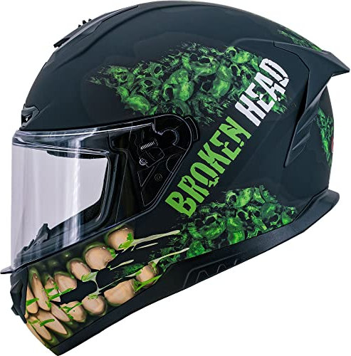 Broken Head Broken Skull Green Grinder Motorradhelm - Integralhelm Schwarz-Grün (S (55-56 cm))