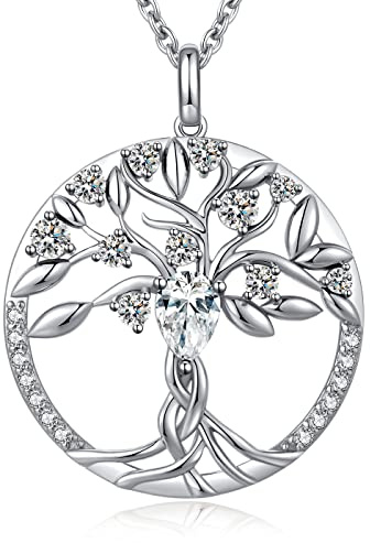Jiahanzb Collar con colgante de árbol de la vida chapado en oro blanco de 18 quilates con circonita cúbica 5A, regalo de cumpleaños