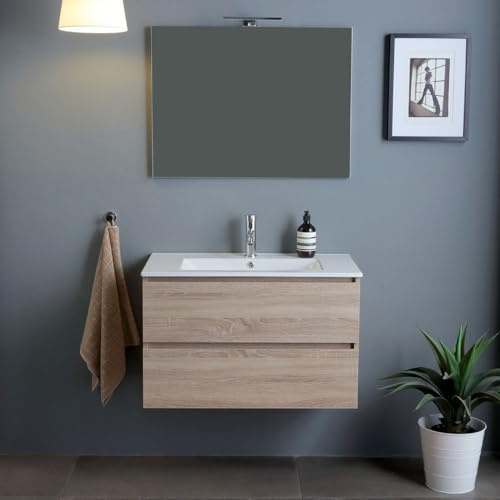 Kiamami Valentina Mobile Bagno Sospeso 90 cm Rovere Well Berlin con Lavabo | 2 cassetti chiusura rallentata, lavabo ceramica bianco, specchio 90x60 cm con lampada, legno FSC, già assemblato