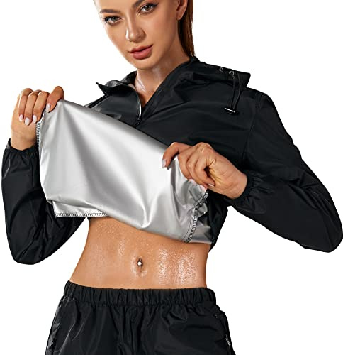 Gotoly Tute Dimagranti da Sauna Fitness Manica Lunga Donna Hot Thermo Sauna Sudore Shaper Allenamento Fitness Giacca Sportiva Sudore con Cappuccio Sweat Sauna Suit (Top Nero, L)