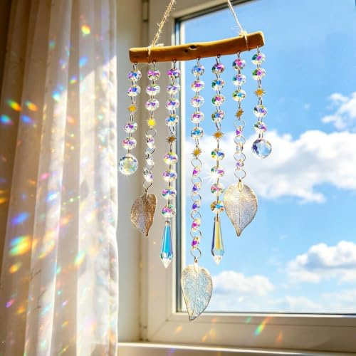HDCRYSTALGIFTS Sonnenfänger zum Aufhängen, 33 cm, Regenbogen-Maker, Glaskristall, mobiles Windspiel mit AB-Prismen und natürlichen Blatttropfen, Sonnenfänger, Innenfenster, Haus, Garten, Dekoration
