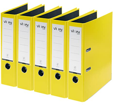 VON Leitz 5er Pack Ordner A4, Karton mit Kunststoffeinband, 80 mm Rückenbreite, Für 600 Blatt, FSC-zertifizierter Karton, Für Schule, Studium & Haushalt, Gelb, 10551015