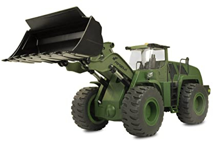 Amewi 22534 Radlader G485E ME Militär 1:14, Teilmetall, Sound, Licht, Rundumleuchte, 10-Kanal, inkl. Schnellwechsler und Paletten-Gabel, RTR, Olivgrün